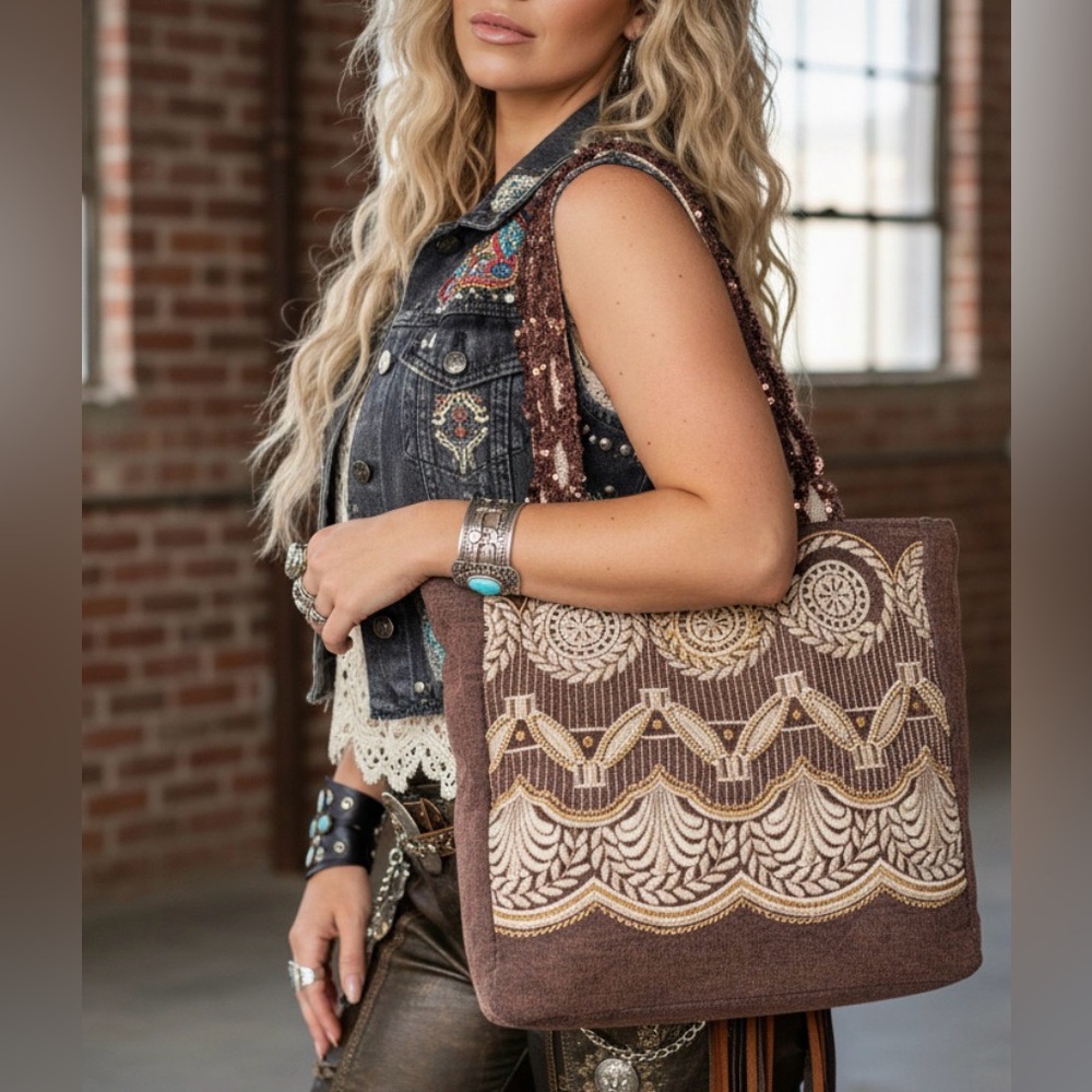 Myra Bag Brown Tote with Cream Embroidery - Picture 2 of 6